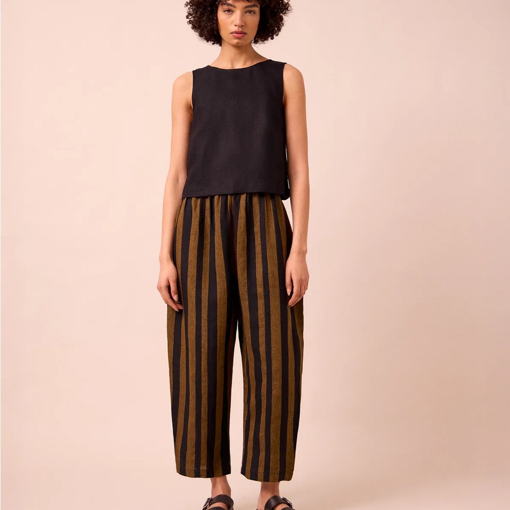 Beyond Nine Mabel Linen Barrel Leg Trouser in Rust and Black Stripe